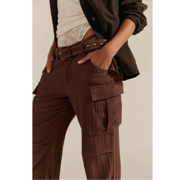 Free People Herringbone Textured Dark Academia Brown Cargo Pants Size 12 NWT - Picture 14 of 17